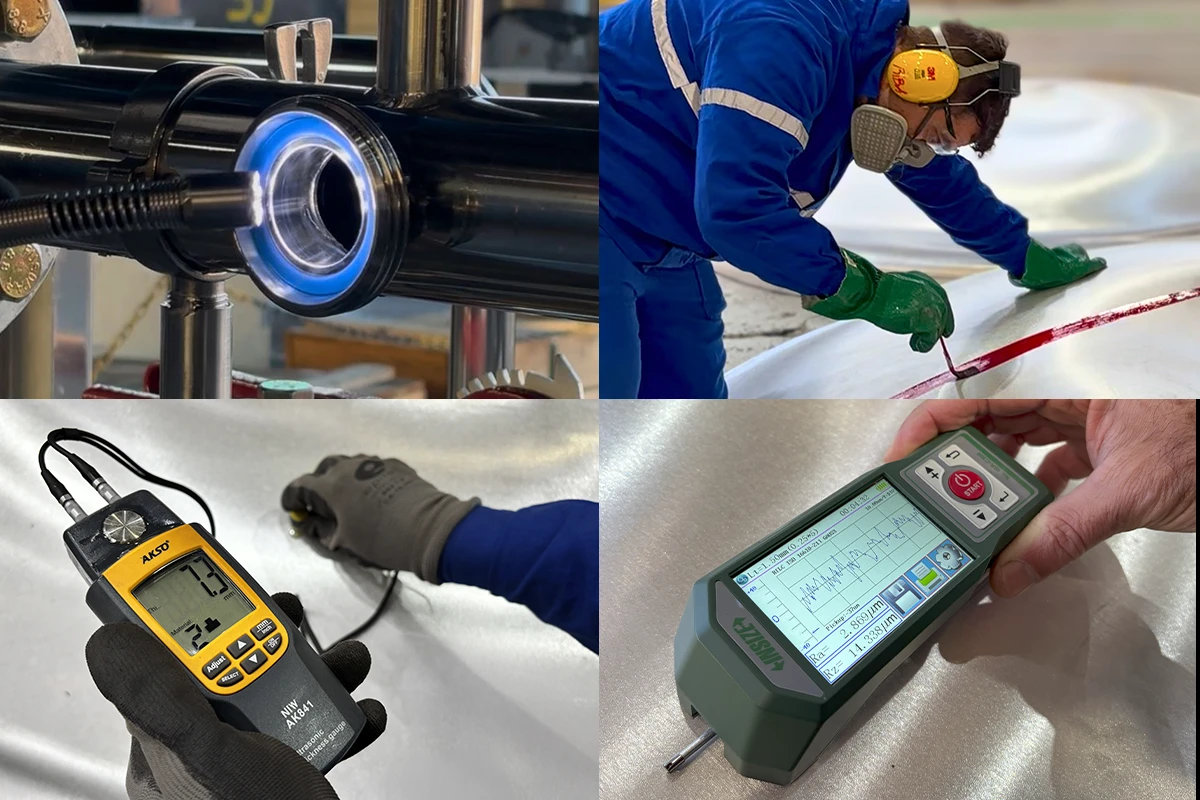 Montagem com destaque para instrumentos de medição e soldagem, evidenciando rigor técnico nos processos.