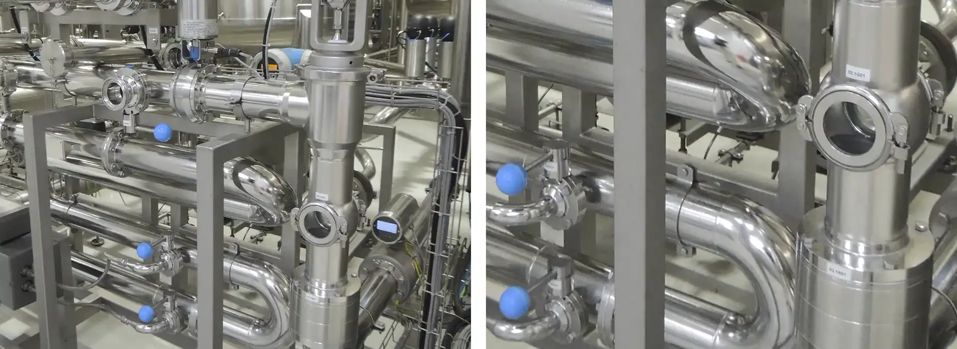 Detalhe de tubulações e válvulas industriais, evidenciando engenharia precisa e disponibilidade de peças de reposição.