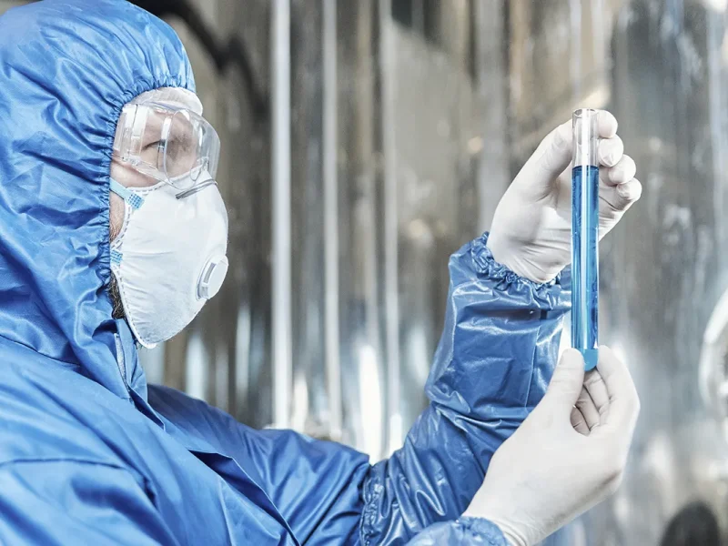 Técnico realizando testes de qualidade em laboratório industrial, demonstrando precisão analítica e inovação nos processos.